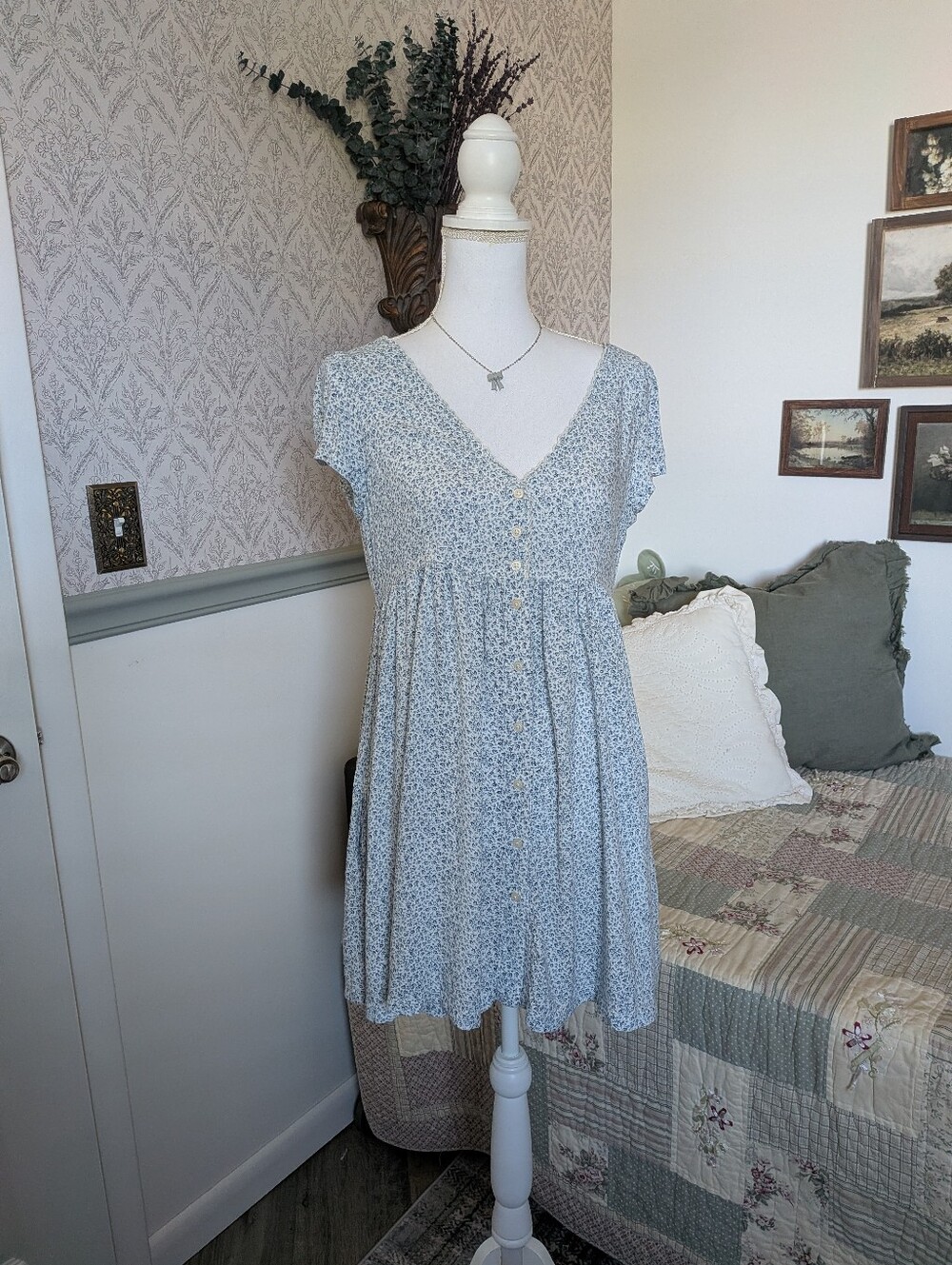 Denim & Supply Ralph Lauren Blue Floral Mini Dress Babydoll Prairie Pockets M